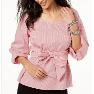 INC International Concepts Red & White Striped Blouse with Tie Sash Size Medium